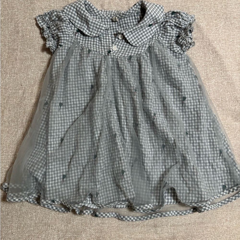 MOTHER Blue-Grey Gingham Dress with Embroidered Detail